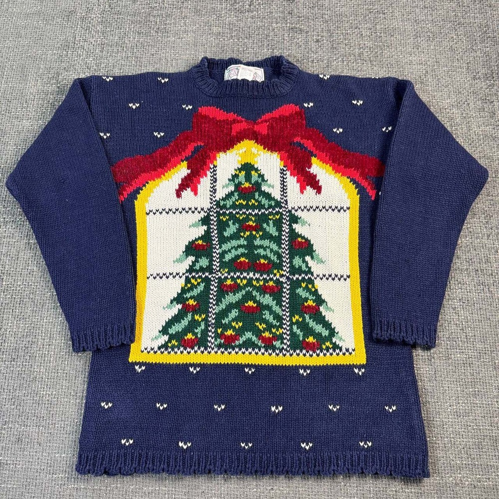 Nuggets Christmas Sweater Unisex Small Navy Blue Vintage 90s Tree Bow Knit